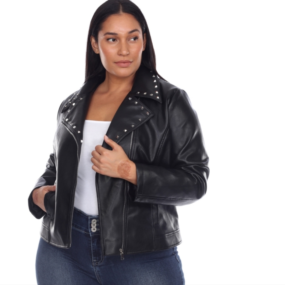 White Mark Plus Size Faux Leather Jacket Black 1X embellishment studs